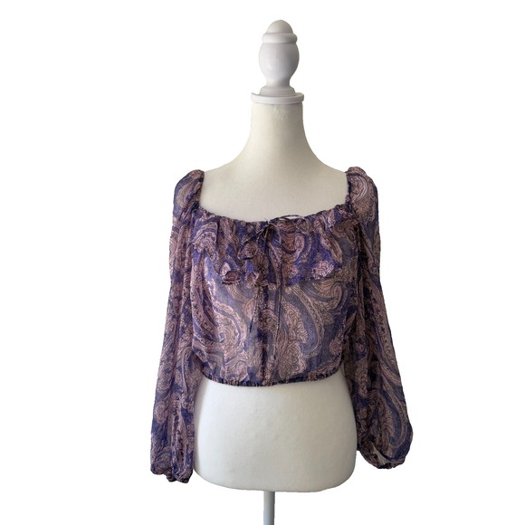 Zara Tops - ZARA Womens S Sheer Paisley Crop Blouse Purple Pink Long Sleeve Boho Peasant Top